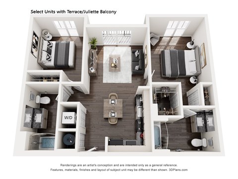 Floor plan for 2 beds, 2 baths, 914 sqft
